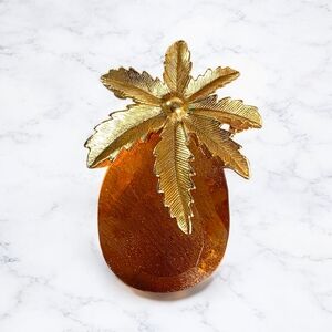 Vintage SARAH COVENTRY Signed Amber Glass Pineapple Brooch Pendant |Gold Tone